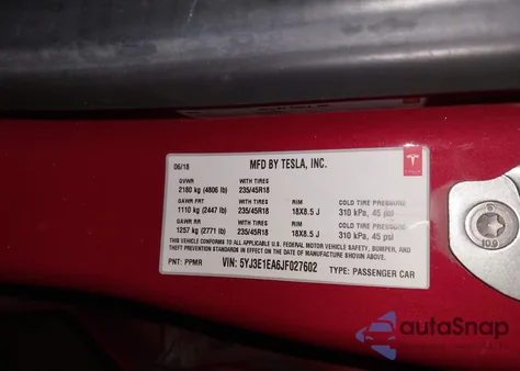 2018 Tesla Model 3 Long Range/Mid Range из США, поврежденный, VIN 5YJ3E1EA6JF027602